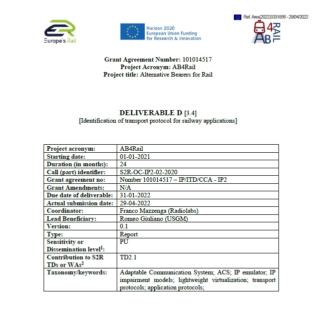 Approved the D3.4 Identification of transport protocol for railway applications